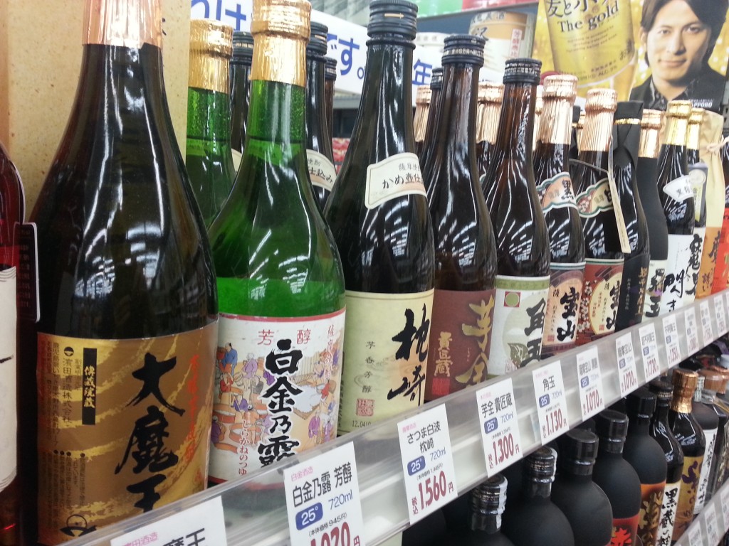 A rack of mid-range shochu, running around 20 to 30 bucks CDN (photo: Sean O'Leary)